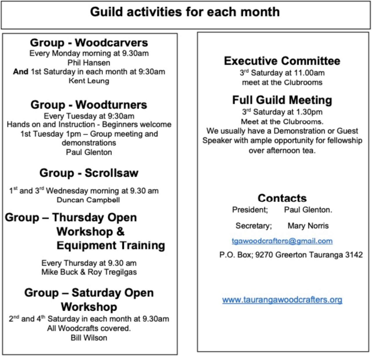 Woodcrafters Schedule